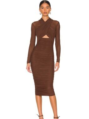 Bardot Chocolate Brown Ruched Long Sleeve Midi Dress